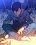  alley bad_id bad_pixiv_id black_hair bottle box cardboard_box glass_bottle hood hoodie indian_style karacoroxx male_focus matsuno_ichimatsu osomatsu-kun osomatsu-san shaded_face sitting socks solo trash_bag 