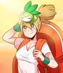  animal animal_on_head backpack backpacker_(pokemon) bag bracelet breasts brown_hair cleavage collarbone gen_5_pokemon green_eyes jewelry medium_breasts non-web_source on_head orange_sky petilil pinku pokemon pokemon_(creature) pokemon_on_head ponytail shirt sky smile upper_body white_shirt 