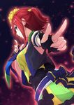  akita_hika armlet breasts closed_mouth cowboy_shot dutch_angle fingerless_gloves from_side gloves idol_clothes kaname_buccaneer looking_at_viewer macross macross_delta md5_mismatch medium_breasts necktie pointing pointing_at_viewer profile red_hair short_hair sidelocks smile solo sparkle 