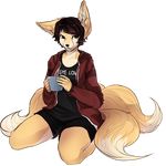  2014 alpha_channel anthro brown_hair canine clothed clothing cup english_text eyewear female fennec fireflufferz fox glasses hair hoodie kneeling mammal multi_tail short_hair simple_background solo text transparent_background 
