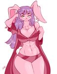  anthro big_breasts bikini breasts chalo cleavage clothed clothing connin ear_piercing female fur green_eyes hair huge_breasts lagomorph las_lindas long_hair looking_at_viewer mammal navel piercing pink_fur purple_hair rabbit robe smile solo swimsuit thick_thighs wide_hips 