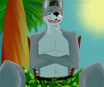  anthro beach bedroom_eyes birchnutter blue_eyes camo canine crossed_arms dog fur grey_fur grin half-closed_eyes hat looking_down male mammal outside seaside seductive sun teeth tongue tree wolf 