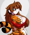 anthro big_breasts black_stripes blue_eyes breasts brown_hair chalo chest_tuft clothed clothing draconia_chronicles feline female fur hair kilani long_hair mammal multicolored_fur orange_fur skimpy smile solo stripes tiger tuft two_tone_fur white_fur 
