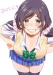  2015 bad_id bad_twitter_id bow bowtie breasts cleavage dated green_eyes grin hands_on_hips highres jpeg_artifacts kamiyama_aya large_breasts leaning_forward looking_at_viewer love_live! love_live!_school_idol_project otonokizaka_school_uniform purple_hair school_uniform skirt smile solo toujou_nozomi twintails white_background 