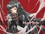  atlach-nacha black_hair black_serafuku blood copyright_name hirasaka_hatsune katagiri_katana_(node) long_hair red_background red_eyes school_uniform serafuku silk solo spider_web 