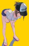  ass bare_legs bent_over body_blush breasts brown_hair cleavage clenched_hand dimples_of_venus flip-flops full_body grin hand_on_own_knee hat looking_at_viewer one_eye_covered original purple_eyes sandals short_hair short_shorts shorts simple_background small_breasts smile solo standing sweat washi_no_tosaka yellow_background 