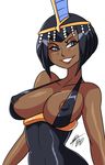  1girl areola_slip bigdead93 black_hair blue_eyes breasts cleavage dark_skin eliza_(skullgirls) erect_nipples female half-closed_eyes halterneck short_hair signature skullgirls smile solo 