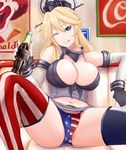  1girl ;q american_flag_panties blonde_hair blue_eyes bottle breasts cleavage coca-cola crotch fingerless_gloves front-tie_top gloves headgear holding indoors iowa_(kantai_collection) kantai_collection large_breasts long_hair looking_at_viewer mcdonald's microskirt midriff navel one_eye_closed portrait_(object) poster_(object) ronald_mcdonald sitting skirt solo_focus spread_legs star star-shaped_pupils symbol-shaped_pupils thighhighs tongue tongue_out upskirt yuutai 