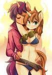  anthro belt bikini blush brown_hair clothed clothing duo equine eyes_closed fan_character female freedomthai green_eyes hair hands_on_waist horn looking_at_viewer male mammal midriff multicolored_hair my_little_pony navel pouch short_hair standing swimsuit unicorn 