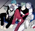  aqua_hair barefoot brown_eyes brown_hair can controller game_controller green_eyes green_hair hirano_toushirou hood hoodie ichigo_hitofuri japanese_clothes male_focus multiple_boys sitting snj sweat touken_ranbu track_suit translation_request trembling tsurumaru_kuninaga uguisumaru white_hair yellow_eyes 