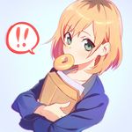  1girl blush brown_hair doughnut envelope food green_eyes ilya_kuvshinov looking_at_viewer miyamori_aoi mouth_hold shirobako short_hair solo 