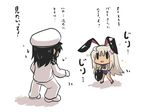  1girl admiral_(kantai_collection) animal_ears bare_legs black_hair blonde_hair blue_eyes blush_stickers bow bowtie bunny_ears bunnysuit chibi detached_collar flower gloves goma_(gomasamune) hair_flower hair_ornament hat high_heels holding_clothes kantai_collection long_hair military military_hat military_uniform open_mouth peaked_cap ro-500_(kantai_collection) sweatdrop swimsuit tan tanline translated uniform white_gloves 