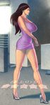  artist_name breasts brown_hair covered_nipples dress high_heels large_breasts long_hair original purple_dress skin_tight solo wakino_keibun walking 