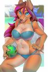  2016 anthro ball beach beach_ball bikini bra breasts canine cleavage clothed clothing cyan_eyes english_text looking_at_viewer mammal miles_df seaside swimsuit text tongue tongue_out underwear wolf 