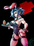 1girl animal_ears breasts bunny_ears bunny_girl bunnysuit cleavage detached_collar fake_animal_ears fishnet_legwear fishnets garter_straps highres large_breasts leotard moroon muscle muscular_female necktie poison red_cross red_eyes scar short_hair skullgirls solo syringe thighhighs tray valentine_(skullgirls) wrist_cuffs 