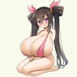  ariane_cevaille barefoot bikini black_hair blush borrowed_character breast_expansion breasts full_body hair_between_eyes hair_ribbon half_updo highres huge_breasts long_hair original parted_lips pas_(paxiti) pink_bikini purple_eyes ribbon seiza sitting solo strap_gap swimsuit twintails very_long_hair 