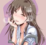  arashio_(kantai_collection) blouse blush breasts brown_eyes brown_hair cum finger_licking heart kanbayashi_chiko kantai_collection licking long_hair looking_at_viewer medium_breasts open_blouse open_clothes school_uniform short_sleeves solo suspenders tongue tongue_out white_blouse 