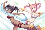  animal_ears anklet arm_up armpits ass belt bikini bikini_top black_hair bracelet bracer breasts brown_eyes cleavage dancer dancing dark_skin earrings fake_animal_ears fang foreshortening fox_ears groin hairband jewelry kotri_(rabi-ribi) leaning_forward legs loincloth long_hair looking_back medium_breasts multiple_girls navel no_tail official_art open_mouth outstretched_arm outstretched_arms pandora_(rabi-ribi) pink_hair purple_eyes rabi-ribi saiste shoes sideboob smile standing standing_on_one_leg swimsuit thigh_strap twintails veil 