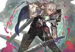  armor balmung_(fate/apocrypha) blood cape dark_skin dark_skinned_male dragon fate/apocrypha fate_(series) green_eyes long_hair looking_at_viewer male_focus rano siegfried_(fate) solo sword weapon white_hair 