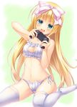  :d aqua_eyes bell bell_choker blonde_hair bow bra cat_cutout cat_ear_panties cat_lingerie choker cleavage_cutout controller dualshock game_controller gamepad hair_bow highres long_hair mafuyun meme_attire navel no_shoes open_mouth panties seitokai_no_ichizon shiina_mafuyu side-tie_panties smile solo stomach thighhighs underwear underwear_only v-shaped_eyebrows very_long_hair 