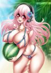  1girl bangs barefoot beach bikini breasts collar collarbone eyebrows_visible_through_hair flower food fruit hair_flower hair_ornament headphones large_breasts long_hair looking_at_viewer navel nippleless_clothes nipples nitroplus open_mouth outdoors palm_tree pink_hair red_eyes sevie smile solo super_sonico swimsuit tree upper_teeth watermelon 