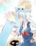  amaura blue_hair crossover gen_1_pokemon gen_6_pokemon kabuto_(pokemon) kamishirasawa_keine multicolored_hair omanyte pokemon pokemon_(creature) red_eyes silver_hair six_(fnrptal1010) touhou two-tone_hair 