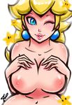  1girl areolae artist_request blonde_hair blue_eyes breast_suppress breasts collarbone earring large_breasts lips long_hair looking_at_viewer nail_polish navel nipples one_eye_closed parted_lips princess_peach simple_background solo star super_mario_bros. wink 
