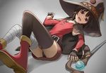  bandaged_leg bandages belt black_gloves black_hair black_legwear black_panties blush boots cape eyebrows fingerless_gloves gloves hat knees_up kono_subarashii_sekai_ni_shukufuku_wo! long_sleeves looking_at_viewer lying megumin on_back open_mouth panties red_eyes red_footwear single_thighhigh smile solo staff tea_(nakenashi) thighhighs underwear witch_hat 