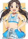  :d alternate_hairstyle armband black_hair blush bow brown_eyes commentary_request crop_top flat_chest hair_bow hands_on_hips idolmaster idolmaster_cinderella_girls long_hair navel open_mouth pettan_p skirt smile solo tachibana_arisu twintails 