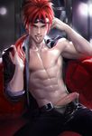  1boy abs cum final_fantasy looking_at_viewer muscle naughty_face penis red_hair sakimichan shiny_hair shiny_skin solo tongue topless uncensored undressing 