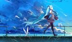  aqua_eyes aqua_hair baisi_shaonian bird black_footwear black_legwear blue_sky boots chinese_commentary cloud cloudy_sky commentary_request detached_sleeves flock hatsune_miku highres long_hair necktie outdoors scenery skirt sky sleeveless solo thigh_boots thighhighs twintails very_long_hair vocaloid walking 