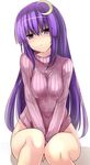  alternate_costume between_legs blush bottomless breasts crescent crescent_hair_ornament full-face_blush hair_ornament hand_between_legs head_tilt janne_cherry long_hair long_sleeves looking_at_viewer md5_mismatch medium_breasts parted_lips patchouli_knowledge purple_eyes purple_hair resized ribbed_sweater simple_background sitting solo sweater touhou turtleneck upscaled v_arms white_background 