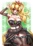  1girl bare_shoulders blonde_hair bowsette breasts cleavage collar collarbone detached_sleeves earrings fangs fishnets horns jewelry lips long_hair mario_(series) new_super_mario_bros._u_deluxe ponytail red_eyes see-through sevie solo spiked_collar spikes super_crown tail 