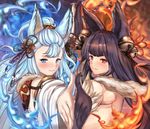  animal_ears bell black_hair blue_eyes blush erune fire fox_ears fox_tail granblue_fantasy japanese_clothes long_hair miko multiple_girls red_eyes socie_(granblue_fantasy) tail untsue yuel_(granblue_fantasy) 