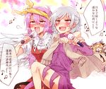  arm_around_neck blonde_hair blush drunk kishin_sagume microphone multiple_girls music pink_hair red_eyes reisen silver_hair singing single_wing six_(fnrptal1010) touhou translated watatsuki_no_toyohime watatsuki_no_yorihime wings 