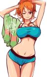  blue_top breasts brown_eyes curvy highres holding holding_hair large_breasts long_hair mdiriff nami_(one_piece) navel one_eye_closed one_piece orange_hair sherumaru_(korcht06) shorts stomach thighs wink 