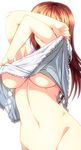  846-gou breasts brown_hair dead_or_alive highres kasumi_(doa) large_breasts lifted_by_self long_hair out-of-frame_censoring shirt_lift simple_background solo underboob undressing white_background 