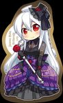  2015 ahoge blush breasts caffein character_name chibi dress gloves hat long_hair looking_at_viewer medium_breasts microphone microphone_stand mini_hat mini_top_hat red_eyes silver_hair smile solo top_hat vocaloid voyakiloid yowane_haku 