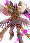  angel_wings armor armored_boots backlighting belt boots covered_eyes digimon feathered_wings feathers helmet magnaangemon multiple_wings no_humans solo weapon white_wings wings winni 