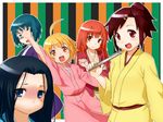  ahoge anrakutei_kukuru black_hair blush bouhatei_tetora brown_hair buratei_marii closed_fan fan folding_fan haroukitei_kigurumi japanese_clothes joshiraku kimono kuurubiyuutei_gankyou long_hair multiple_girls onsoku_maru open_mouth ponytail red_hair short_hair 