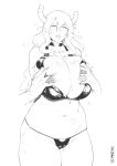  areolae bra breast_grab breasts buru female grabbing highres large_breasts monochrome nipples panties quetzalcoatl_(maidragon) underwear 