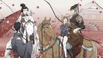  ^_^ aqua_hair arrow autumn_leaves black_gloves black_hair bow_(weapon) brown_eyes brown_hair closed_eyes gloves hat hirano_toushirou horse horseback_riding ichigo_hitofuri japanese_clothes leaf maeda_toushirou male_focus mikazuki_munechika military military_uniform multiple_boys multiple_riders necktie open_mouth oriental_umbrella riding saniwa_(touken_ranbu) shorts smile snj touken_ranbu umbrella uniform weapon yellow_eyes 