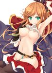  :q arms_up belt black_gloves black_legwear blush breasts brown_hair cape clarisse_(granblue_fantasy) clothes_lift gloves granblue_fantasy green_eyes groin hair_ribbon long_hair looking_at_viewer medium_breasts navel nekoyaso nipples ponytail ribbed_sweater ribbon single_glove skirt skirt_pull sleeveless sleeveless_turtleneck smile solo sweater sweater_lift test_tube thighhighs tongue tongue_out turtleneck undressing 