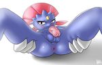  2016 anus balls blush flaccid humanoid_penis ikiki looking_at_viewer lying male nintendo penis pok&eacute;mon presenting simple_background solo spreading vein video_games weavile 