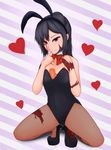  animal_ears between_breasts black_hair bow bowtie breasts bunny_ears bunny_girl bunnysuit burn_scar carrot detached_collar dorei_to_no_seikatsu_~teaching_feeling~ fake_animal_ears finger_to_mouth fishnet_pantyhose fishnets full_body hair_ornament hairband hairclip heart high_heels highres long_hair okuriyuku pantyhose purple_eyes scar small_breasts smile solo squatting striped striped_background sylvie_(dorei_to_no_seikatsu) 