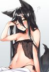  1girl animal_ears babydoll bare_shoulders black_hair black_panties blush breasts gradient gradient_background hair_between_eyes hair_tucking highres kurenai_hanpen lingerie long_hair navel one_eye_closed original panties side-tie_panties sidelocks sitting slit_pupils small_breasts solo tail underwear very_long_hair yellow_eyes 