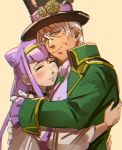  1girl bangs black_choker black_hat blunt_bangs blush choker doctor_traum double_bun eyes_closed father_and_daughter gears gloves hair_between_eyes hairband hat hat_ornament hug hugtto!_precure kiroku long_hair long_sleeves old_man precure purple_eyes purple_hair ruru_amour simple_background smile tan_background top_hat twintails upper_body very_long_hair white_gloves white_hair 