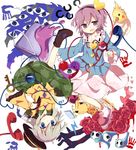  bird blood blue_eyes blush boots eyeball eyes floral_print flower full_body green_hair hairband hat hat_ribbon heart heart_of_string key komeiji_koishi komeiji_satori long_sleeves looking_at_viewer multiple_girls open_mouth paint paintbrush phone purple_eyes purple_hair ribbon rose shirt short_hair siblings sisters skirt skull slippers smile socks string third_eye to-den_(v-rinmiku) touhou upside-down white_legwear wide_sleeves 