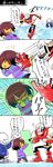  4koma androgynous armor barrier blush_stickers boots brown_hair chasing closed_eyes comic commentary_request frisk_(undertale) gloves hand_in_pocket hands_in_pockets height_difference highres hood hoodie long_sleeves macotea multiple_boys papyrus_(undertale) petting running sans scarf shirt short_hair shorts skeleton slippers socks standing striped striped_shirt talking text_focus translated undertale upper_body wince 