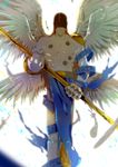  angel_wings angemon armor backlighting blonde_hair covered_eyes digimon feathered_wings feathers helmet long_hair multiple_wings muscle no_humans solo staff weapon wings winni 